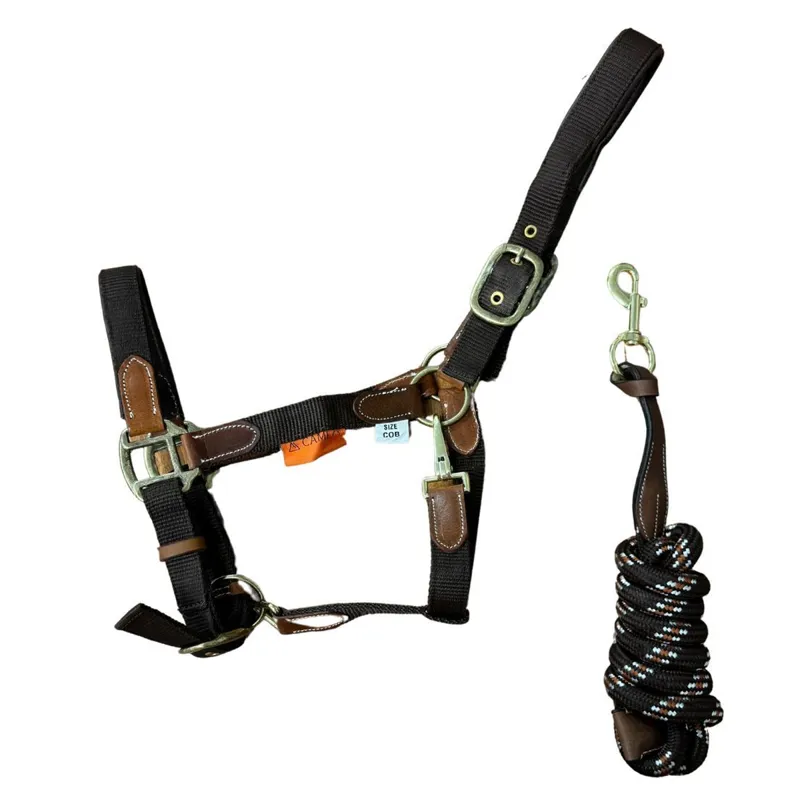 Cameo Performance Leather Headcollar and Leadrope - Brown