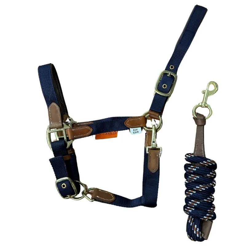 Cameo Performance Leather Headcollar and Leadrope - Navy