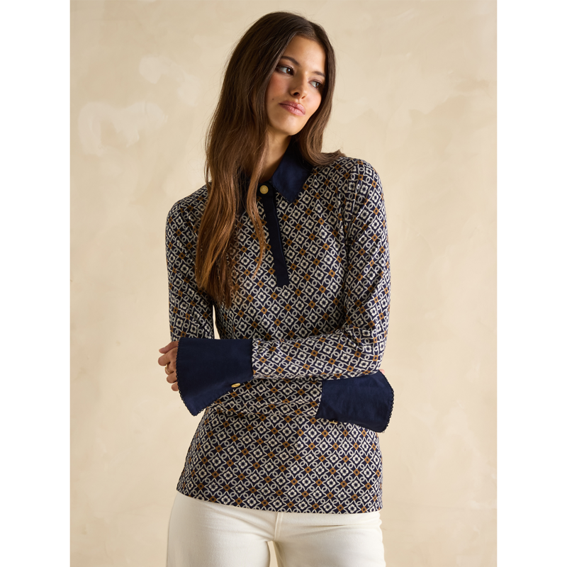Joules Ladies Cordelia Long Sleeve Top - Blue Geo Print-1