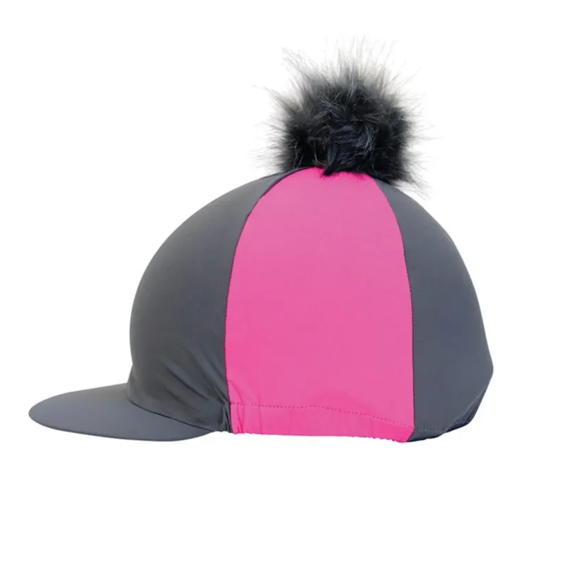 Hy Equestrian Hat Cover with Faux Fur Pom Pom - Grey/Pink