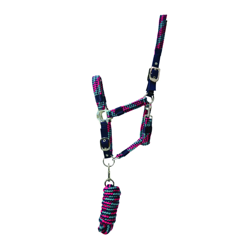 Hy Equestrian Multicolour Adjustable Head Collar with Rope - Navy/Raspberry/Sea Blue