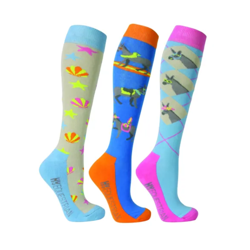 Hy Equestrian Seaside Donkey Socks Pack of 3 - UK 4-8 - Sea Blue/Sunset Orange