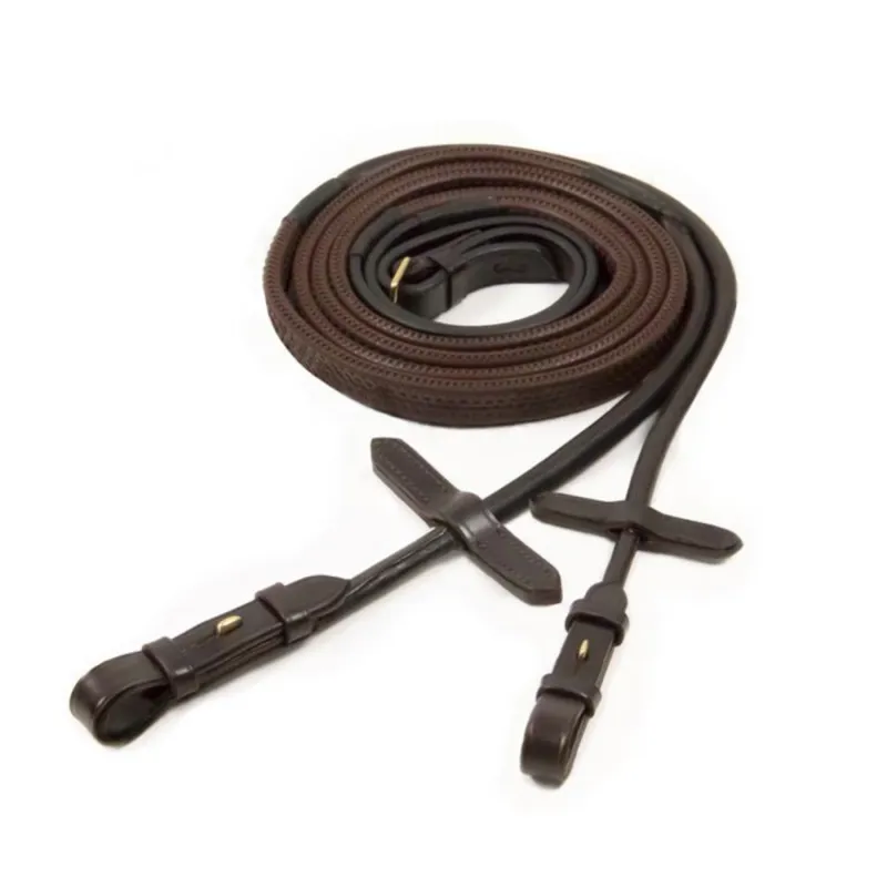 Schockemohle Rolled Leather Rubber Reins - Dark Brown/Silver