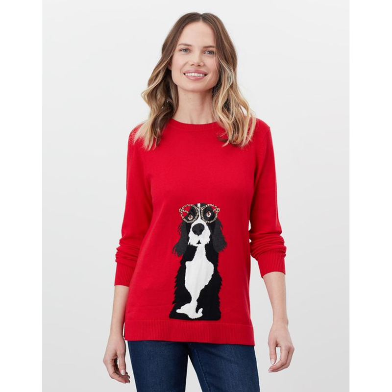 Joules Miranda Knitted Intarsia Crew Neck Jumper - Red Collie-2