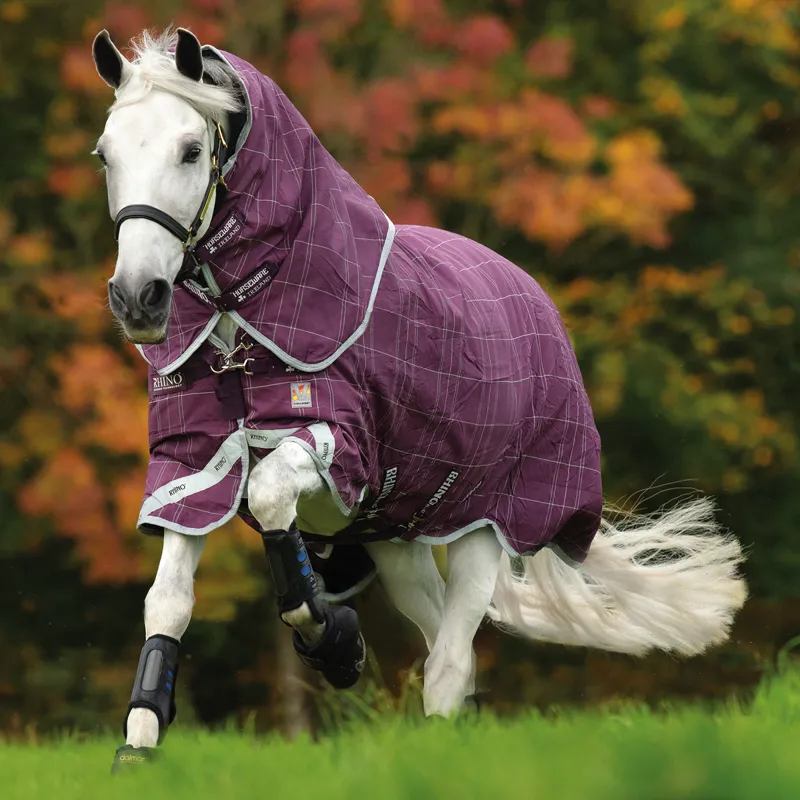 Horseware Rhino Plus Heavy Turnout Rug with Vari-Layer - Berry/Grey/White Check/Grey