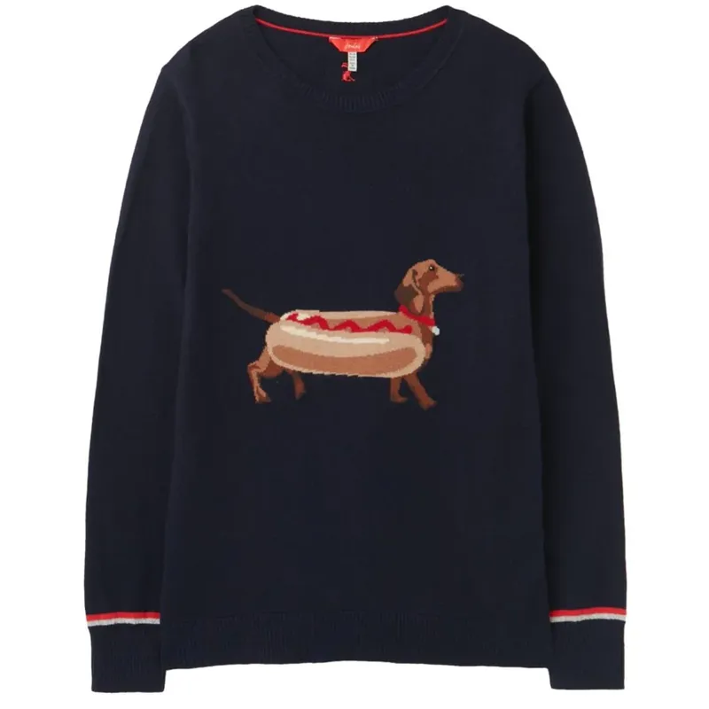 Joules Miranda Knitted Intarsia Crew Neck Jumper - Navy Hot Dog