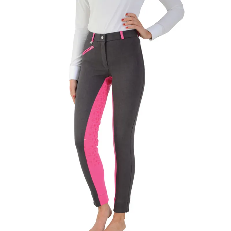 Hy Equestrian Saxby Silicone Jodhpurs - Anthracite Grey/Cerise Pink