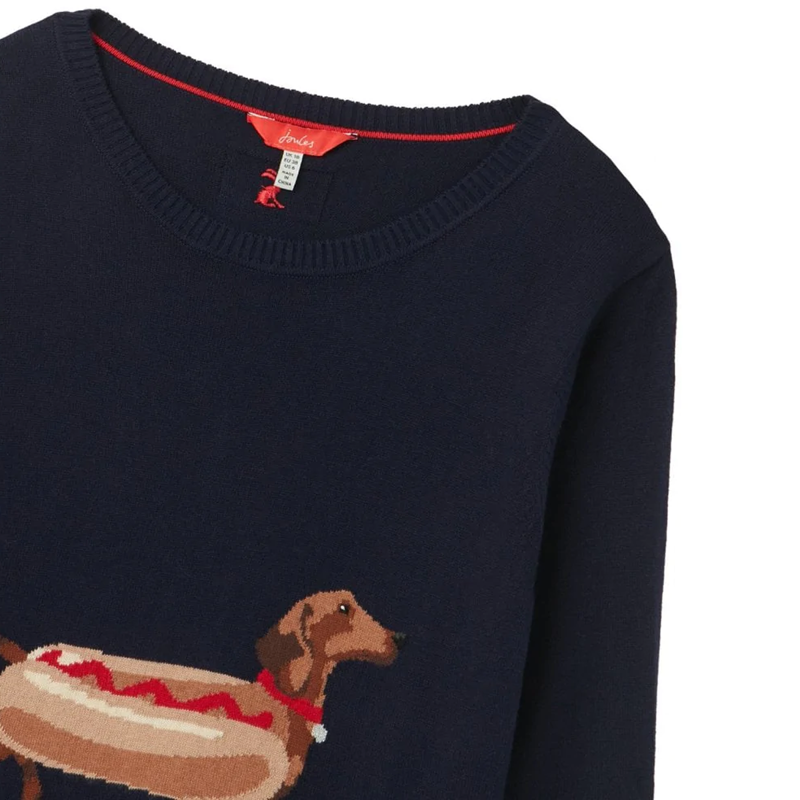 Joules Miranda Knitted Intarsia Crew Neck Jumper - Navy Hot Dog-2