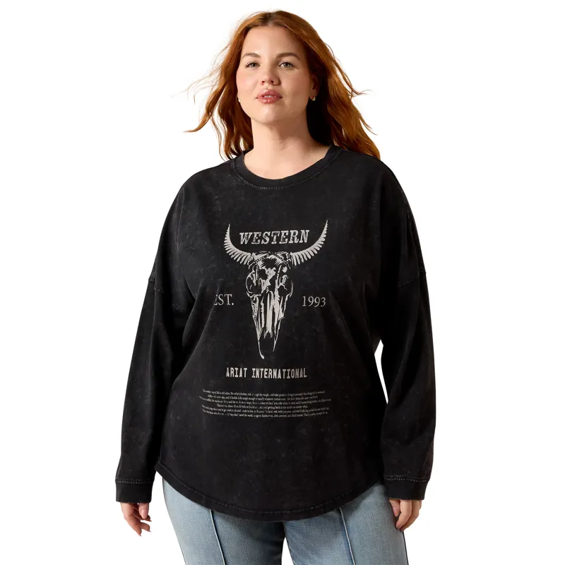 Ariat Women's Canvas Oversized Long Sleeve T-Shirt - Black Acid Wash-2