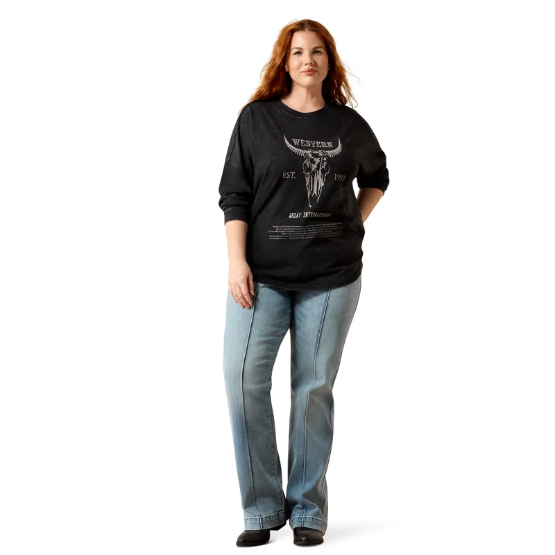 Ariat Women's Canvas Oversized Long Sleeve T-Shirt - Black Acid Wash-5