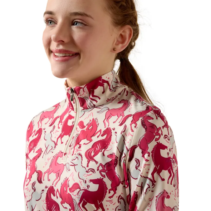 Ariat Youth LunaVeil 1/4 Zip Base Layer - Vanilla Horsein' Around Print-2