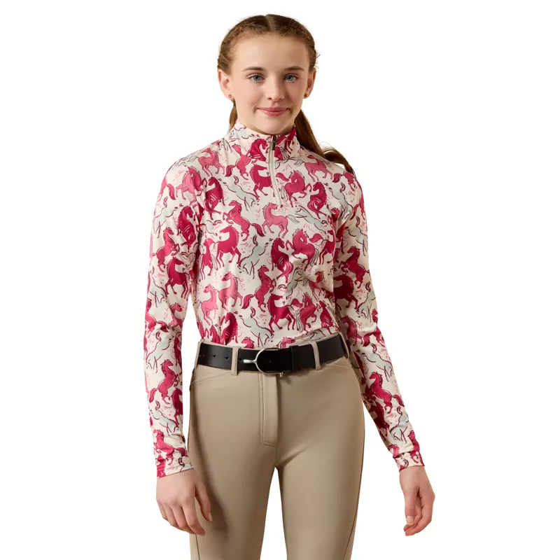 Ariat Youth LunaVeil 1/4 Zip Base Layer - Vanilla Horsein' Around Print