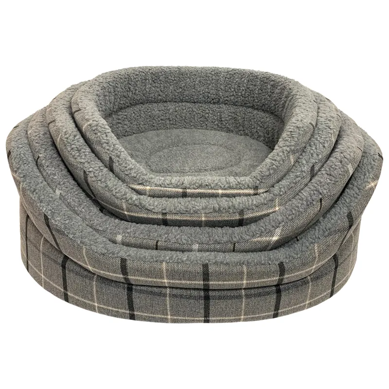 Hem and Boo Check Oval Dog Bed - Dark Grey Check