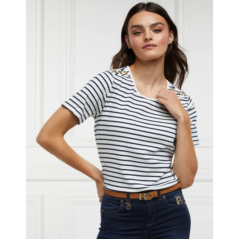 Holland Cooper Padstow Crew Neck Tee - Natural Ink Navy Stripe-1