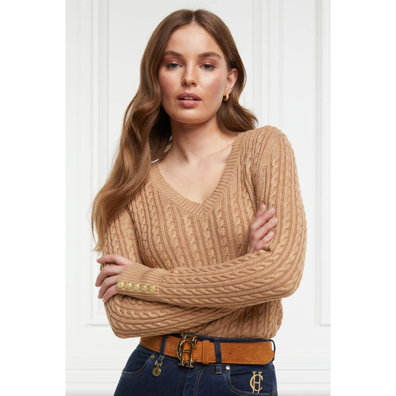 Holland Cooper Seattle Cable V-Neck Knit - Dark Camel-2