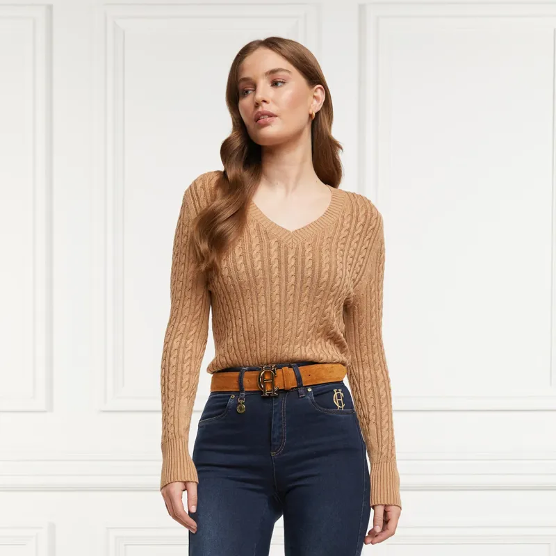 Holland Cooper Seattle Cable V-Neck Knit - Dark Camel