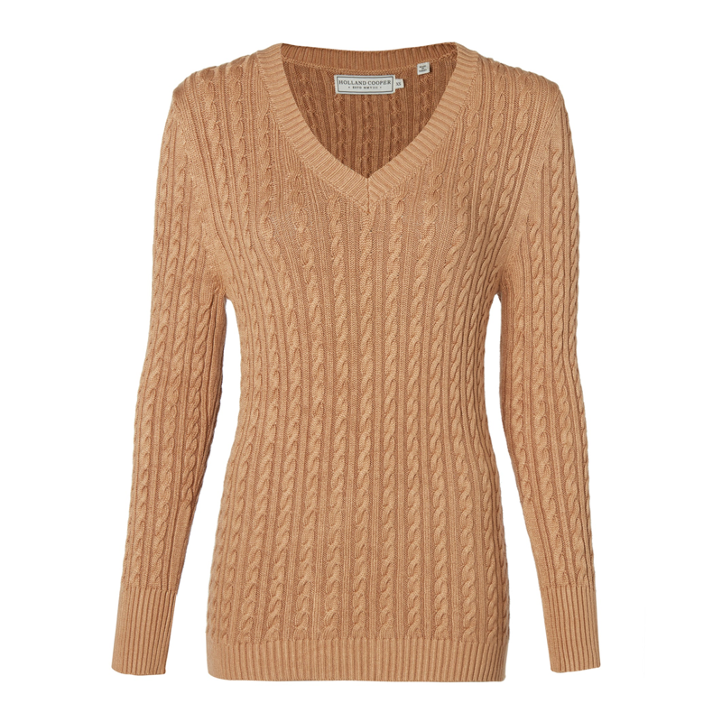 Holland Cooper Seattle Cable V-Neck Knit - Dark Camel-5