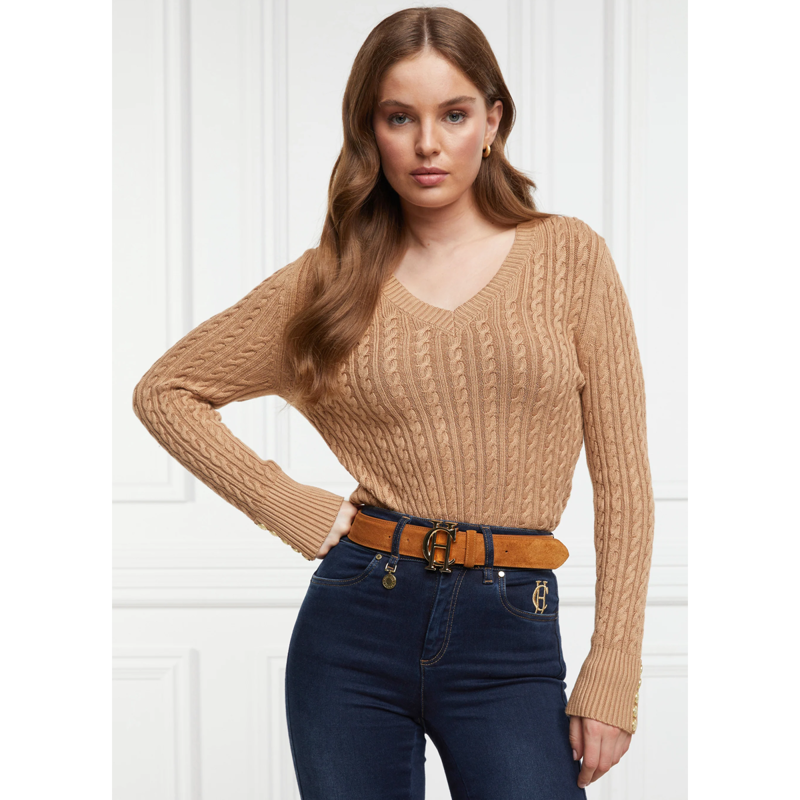 Holland Cooper Seattle Cable V-Neck Knit - Dark Camel-1