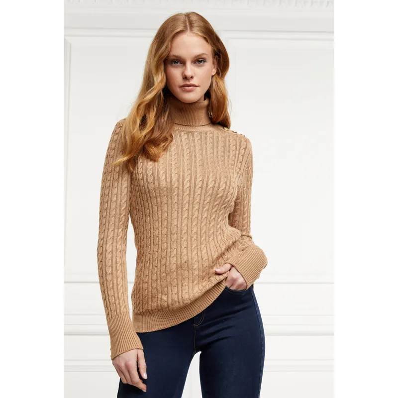 Holland Cooper Seattle Roll Neck Cable Knit - Dark Camel Marl