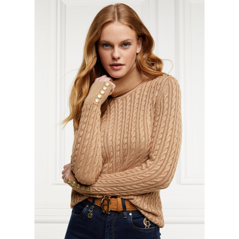 Holland Cooper Seattle Roll Neck Cable Knit - Dark Camel Marl-3