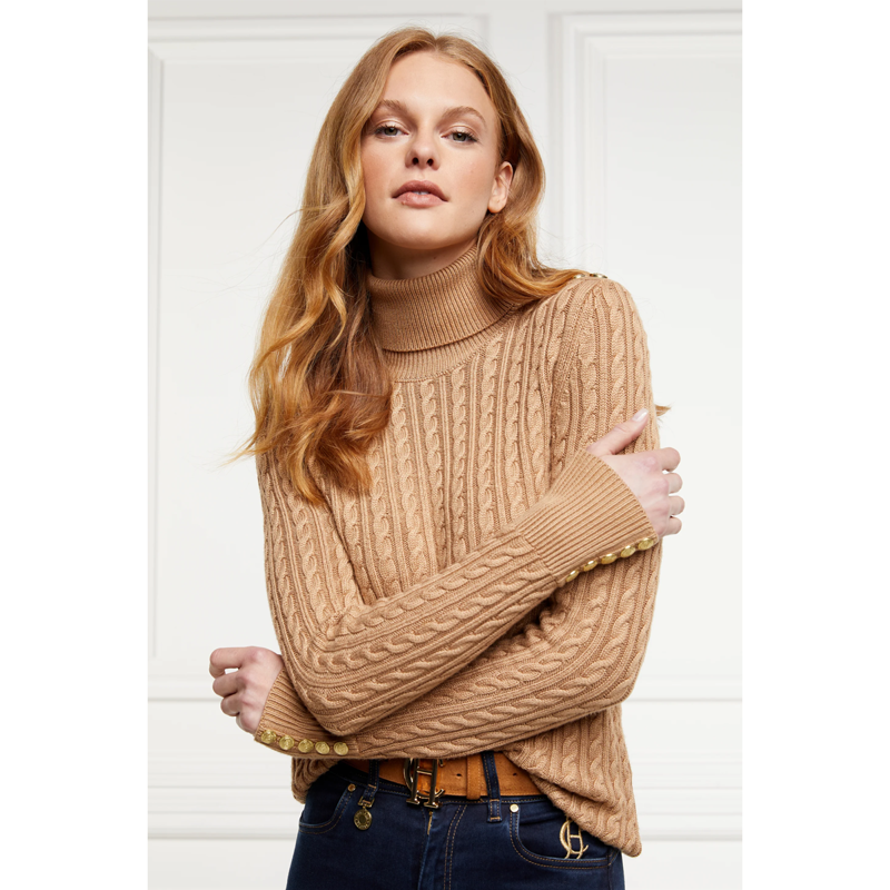 Holland Cooper Seattle Roll Neck Cable Knit - Dark Camel Marl-2
