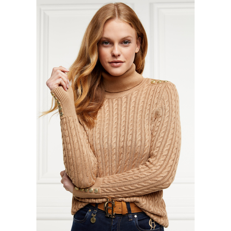 Holland Cooper Seattle Roll Neck Cable Knit - Dark Camel Marl-1
