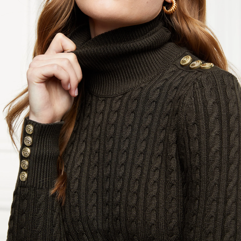 Holland Cooper Seattle Roll Neck Cable Knit - Fern Green-5