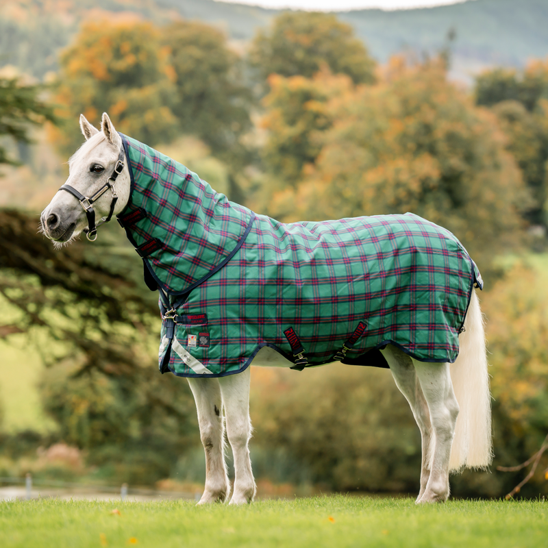 Horseware Rhino Plus Pony 250g Turnout Rug - Holiday Collection - Green Check/Navy/Red