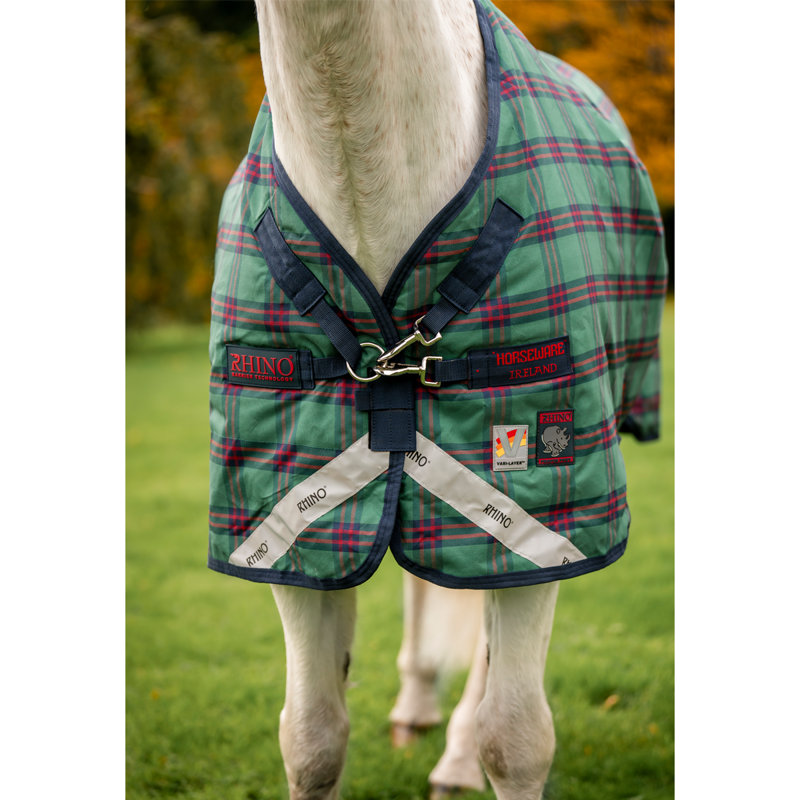 Horseware Rhino Plus Pony 250g Turnout Rug - Holiday Collection - Green Check/Navy/Red-11