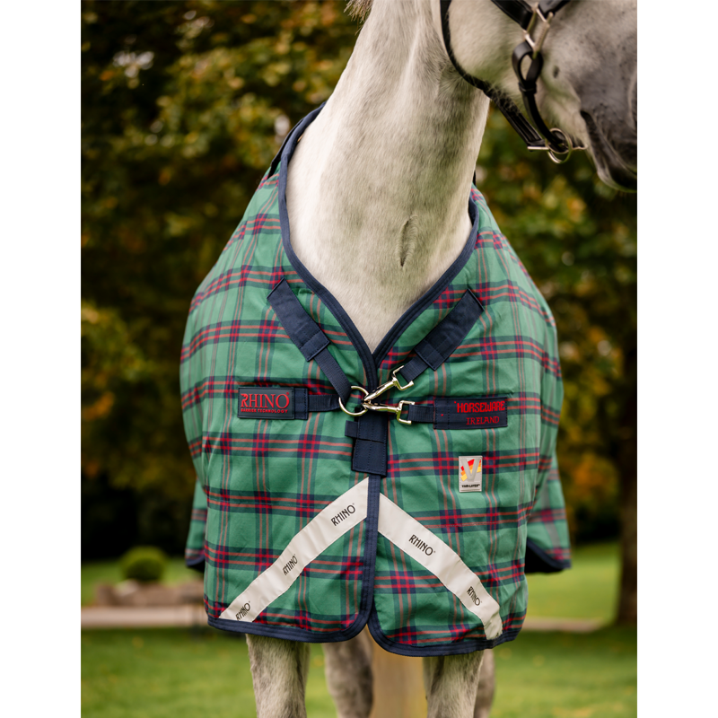 Horseware Rhino Plus Vari-Layer 250g Turnout Rug - Holiday Collection - Green Check/Navy/Red-1