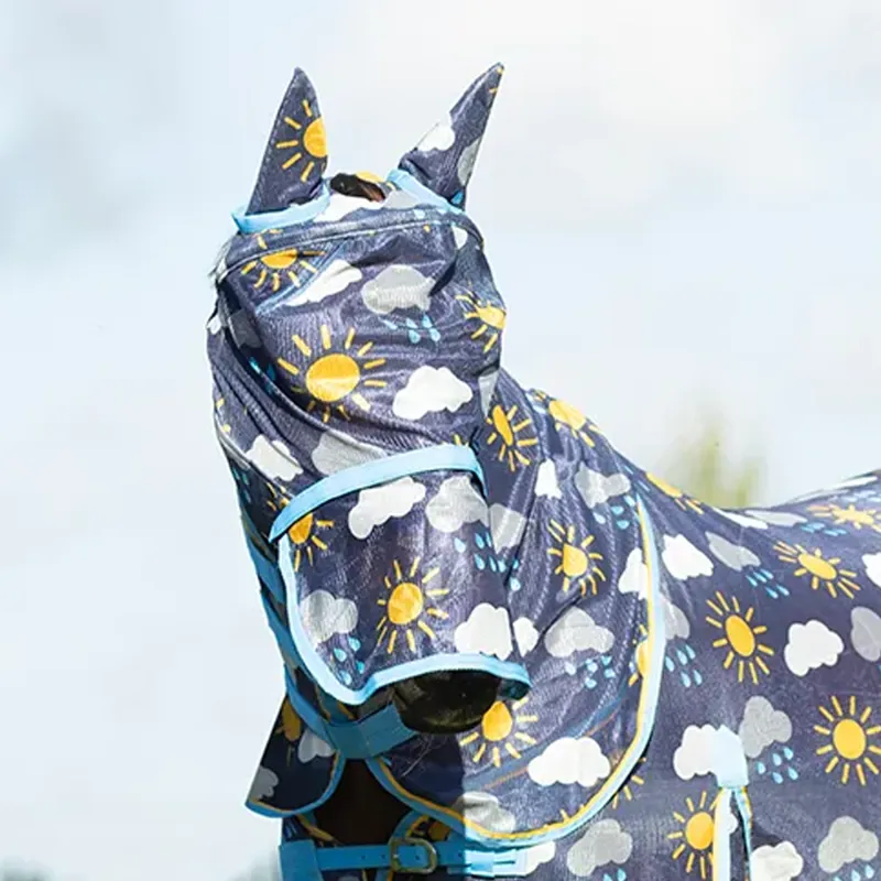 Hy Equestrian Come Rain or Shine Fly Mask with Ears and Detachable Nose - Navy/Blue/Yellow