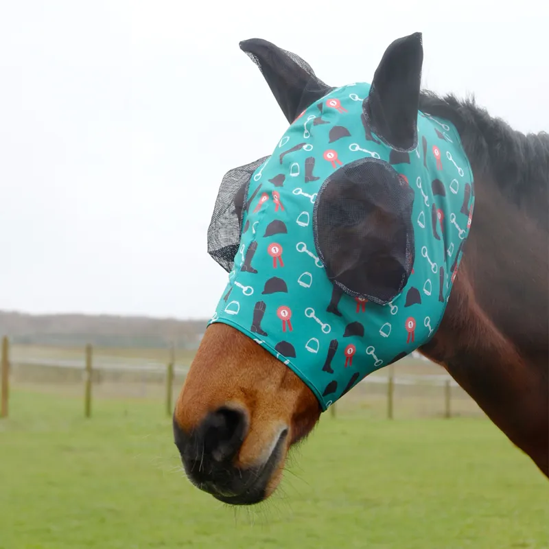 Hy Equestrian Lycra Boot and Bit Print Fly Mask - Teal/Black