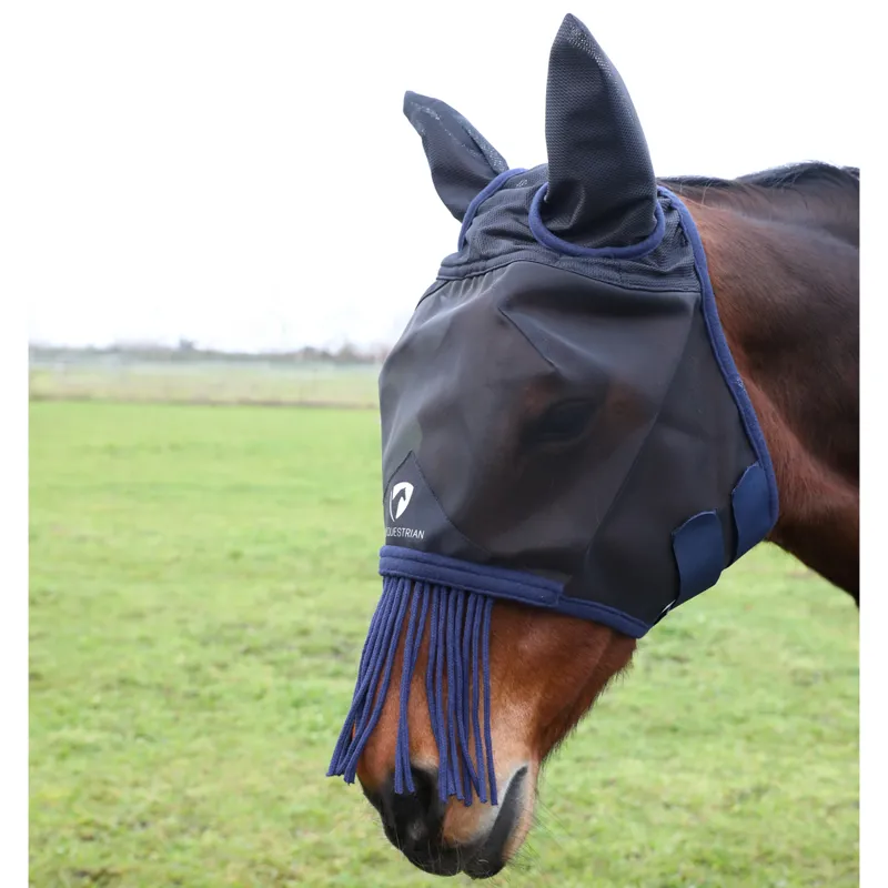Hy Equestrian Mesh Half Fly Mask with Ears and Fringe - Black/Navy