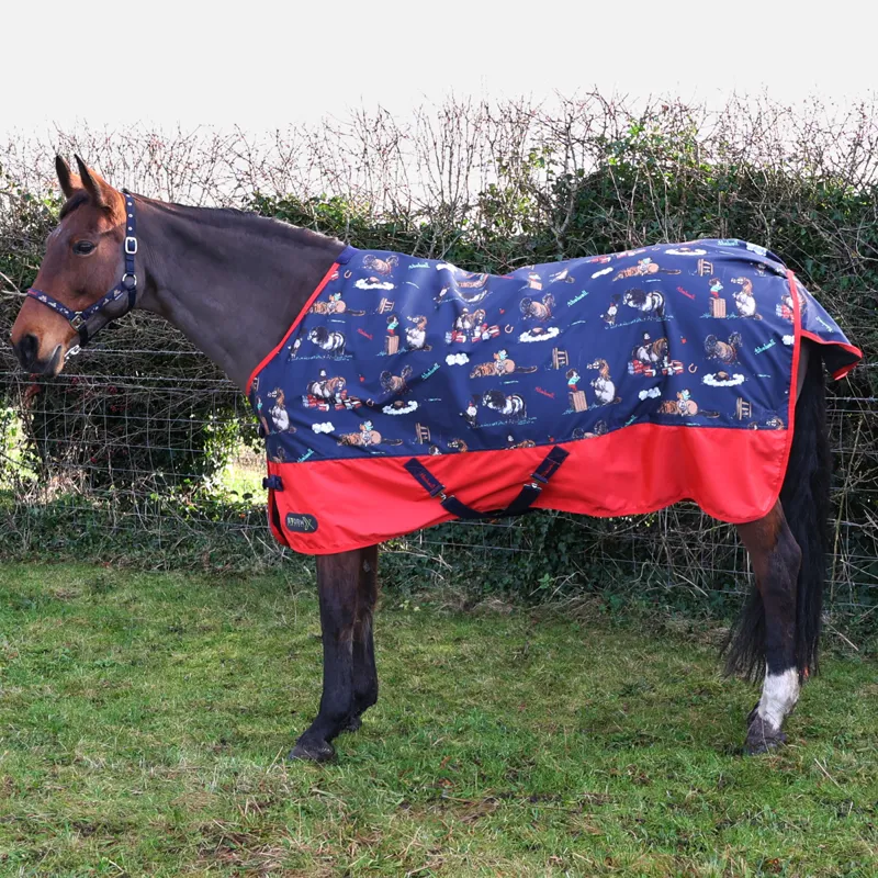 Hy StormX Original 100 Turnout Rug - Thelwell Collection Practice Makes Perfect - Navy/Red