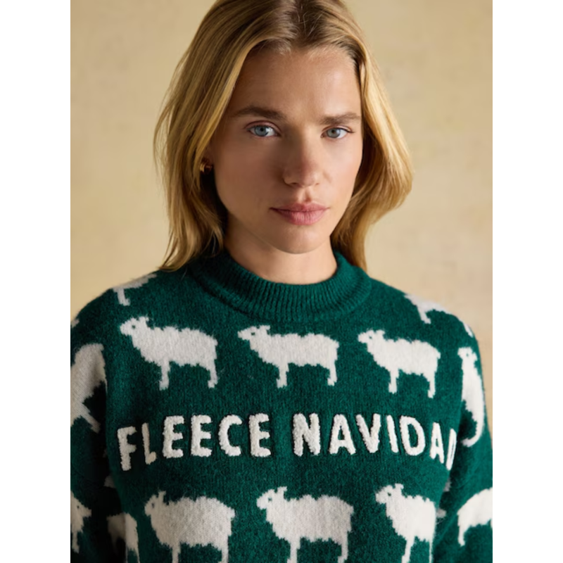 Joules Ladies Fleece Navidad Knit Jumper - Green-1