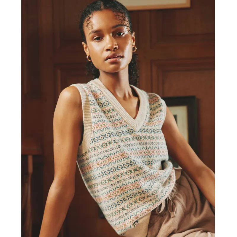 Joules Ladies Islay V Neck Fair Isle Knitted Vest - Oat-1