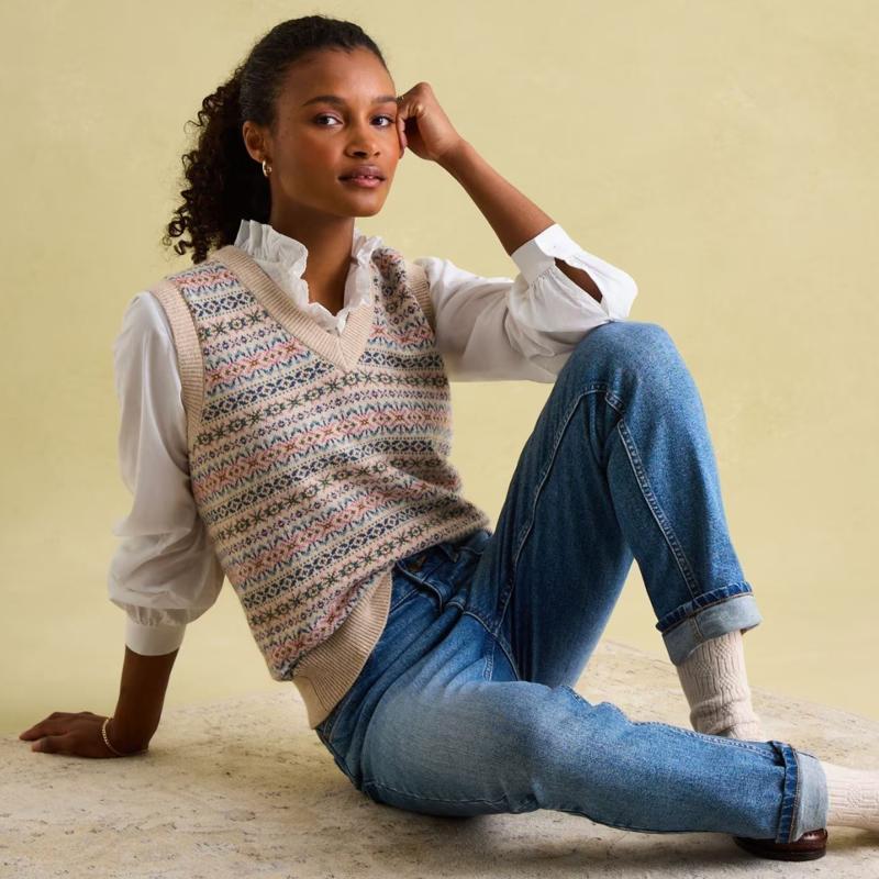 Joules Ladies Islay V Neck Fair Isle Knitted Vest - Oat-4