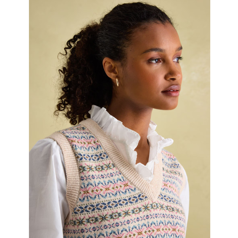 Joules Ladies Islay V Neck Fair Isle Knitted Vest - Oat-2