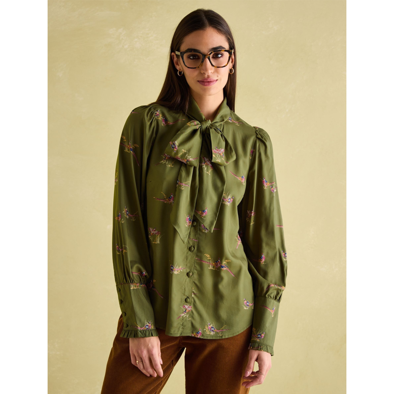 Joules Ladies Everly Tie Neck Blouse - Khaki Pheasant-1