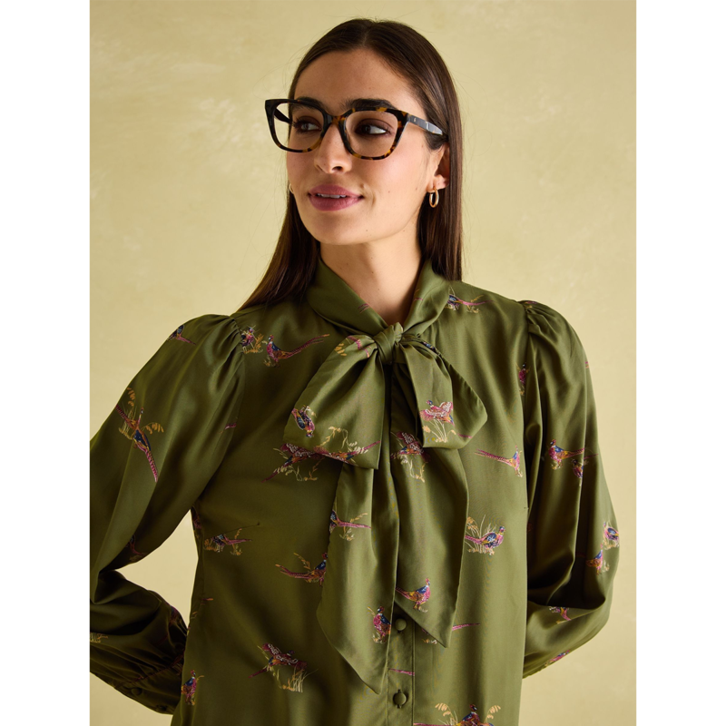 Joules Ladies Everly Tie Neck Blouse - Khaki Pheasant-3