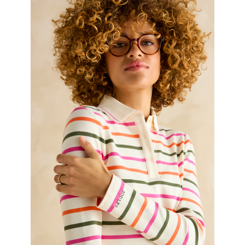 Joules Ladies Fairfield Long Sleeve Ribbed Polo Shirt - Multi Stripe-4