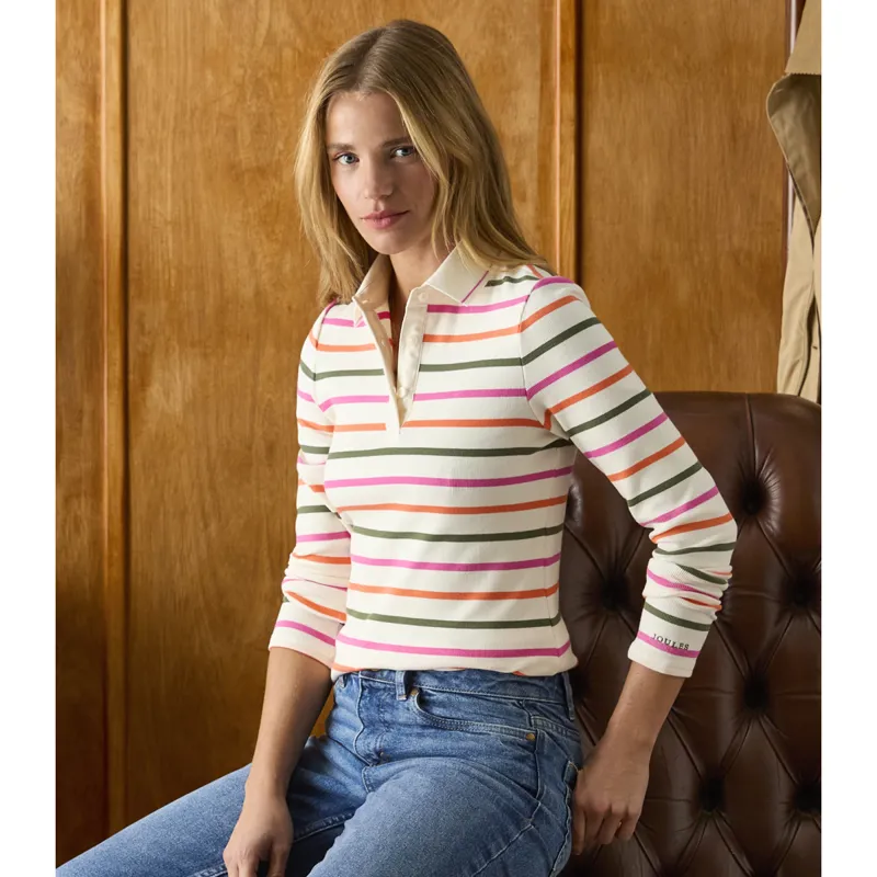 Joules Ladies Fairfield Long Sleeve Ribbed Polo Shirt - Multi Stripe-5