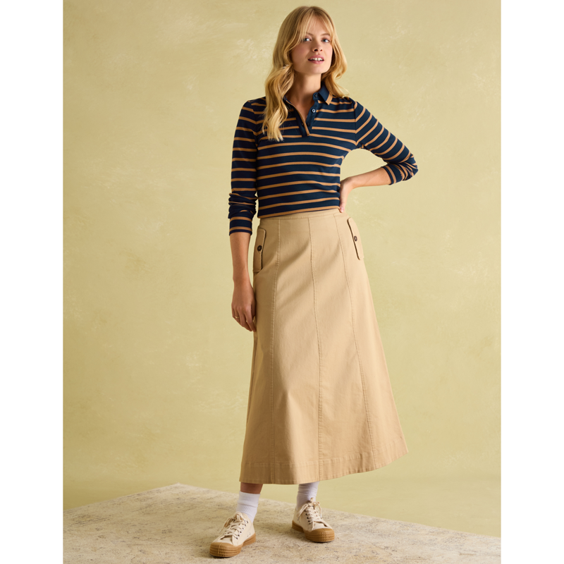 Joules Ladies Fairfield Long Sleeve Ribbed Polo Shirt - Navy/Tan-9