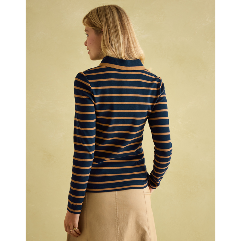 Joules Ladies Fairfield Long Sleeve Ribbed Polo Shirt - Navy/Tan-8
