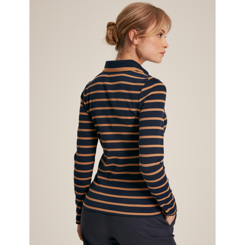 Joules Ladies Fairfield Long Sleeve Ribbed Polo Shirt - Navy/Tan-2