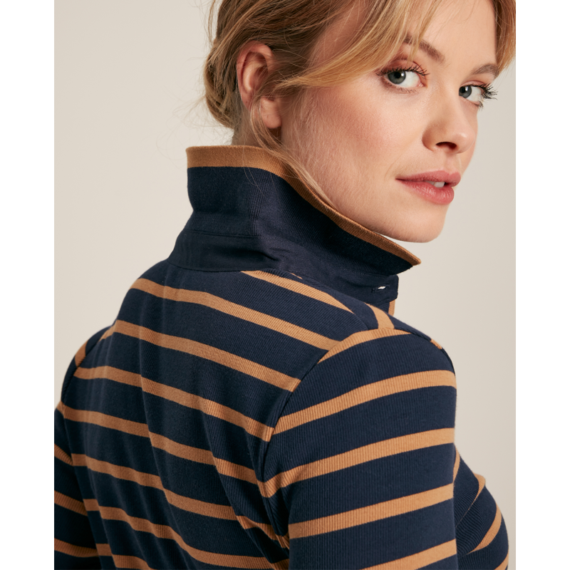Joules Ladies Fairfield Long Sleeve Ribbed Polo Shirt - Navy/Tan-5