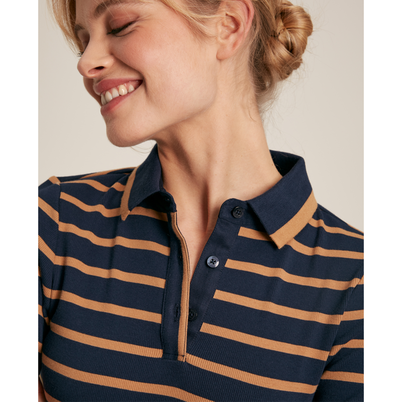 Joules Ladies Fairfield Long Sleeve Ribbed Polo Shirt - Navy/Tan-4