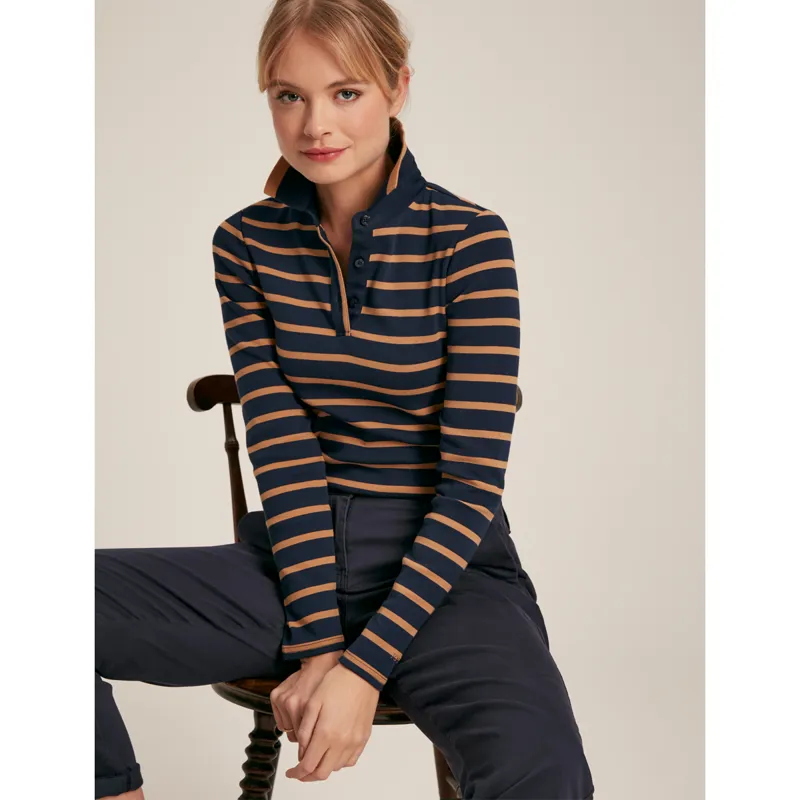 Joules Ladies Fairfield Long Sleeve Ribbed Polo Shirt - Navy/Tan-3