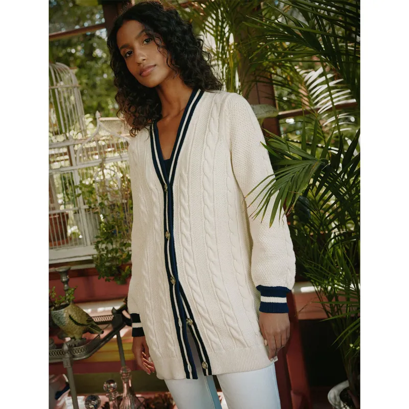 Joules Ladies Gamepoint Longline Cable Knit Cardigan - Creme Navy