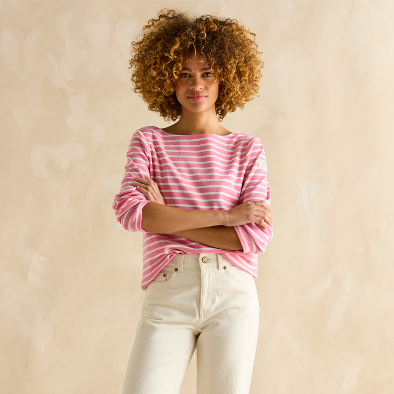 Joules Ladies Harbour Boat Neck Breton Top - Pink Stripe-2